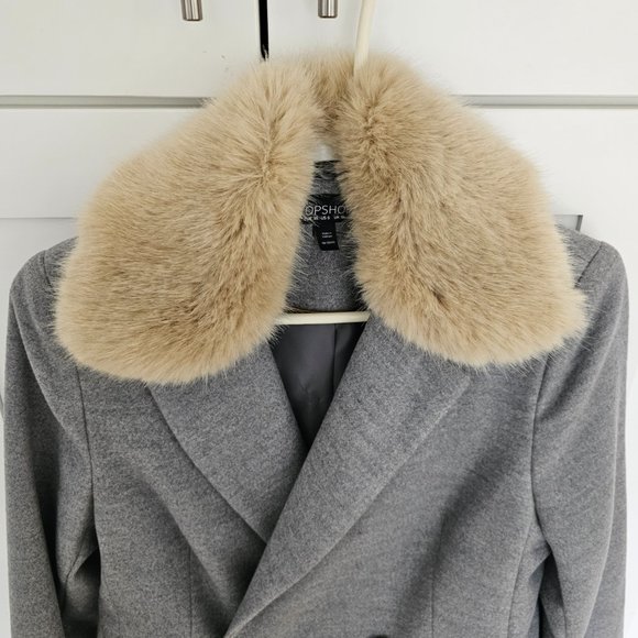 Topshop Grey Double Breasted Nancy Coat w/ Removable Faux Fur Collar 6 Like New - Picture 5 of 16